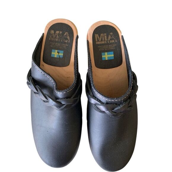 MIA Swedish clog wood leather black women's size 39 7.5 - Picture 2 of 6
